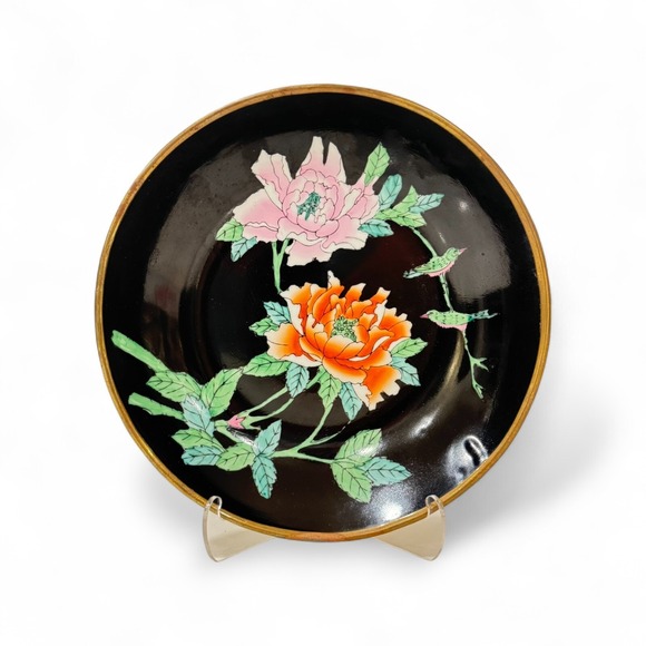 Vtg Hand Painted Floral‎ Porcelain Bowl Black Pink Orange Chinoiserie Regency - Picture 1 of 3
